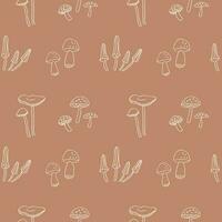 Mushroom. Seamless pattern with mushrooms. Repeating background with fly agaric, fungus, boletus, forest motif. For packaging, textile, print, template, card. Decorative ornament. Hand drawn. vector