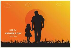 Happy Father's Day and a silhouette of father and children in the background with sun and sky. vector