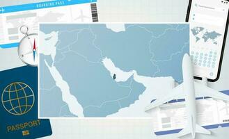 Journey to Qatar, illustration with a map of Qatar. Background with airplane, cell phone, passport, compass and tickets. vector