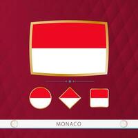 Set of Monaco flags with gold frame for use at sporting events on a burgundy abstract background. vector