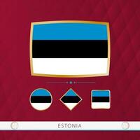 Set of Estonia flags with gold frame for use at sporting events on a burgundy abstract background. vector