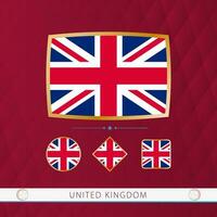 Set of United Kingdom flags with gold frame for use at sporting events on a burgundy abstract background. vector