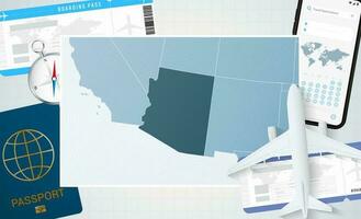 Journey to Arizona, illustration with a map of Arizona. Background with airplane, cell phone, passport, compass and tickets. vector