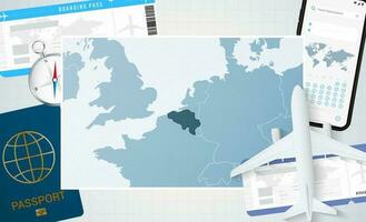 Journey to Belgium, illustration with a map of Belgium. Background with airplane, cell phone, passport, compass and tickets. vector