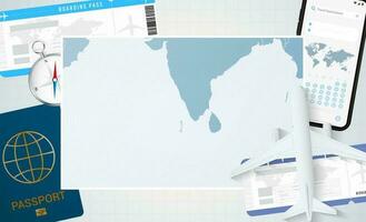 Journey to Maldives, illustration with a map of Maldives. Background with airplane, cell phone, passport, compass and tickets. vector