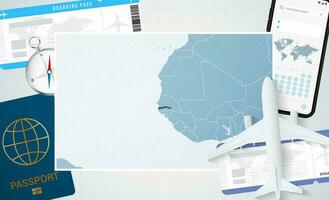 Journey to Gambia, illustration with a map of Gambia. Background with airplane, cell phone, passport, compass and tickets. vector