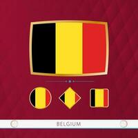 Set of Belgium flags with gold frame for use at sporting events on a burgundy abstract background. vector