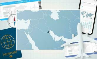 Journey to Kuwait, illustration with a map of Kuwait. Background with airplane, cell phone, passport, compass and tickets. vector