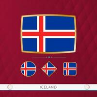 Set of Iceland flags with gold frame for use at sporting events on a burgundy abstract background. vector