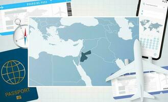 Journey to Jordan, illustration with a map of Jordan. Background with airplane, cell phone, passport, compass and tickets. vector