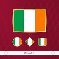 Set of Ireland flags with gold frame for use at sporting events on a burgundy abstract background. vector