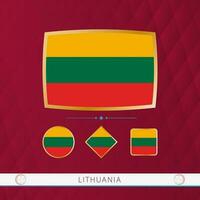 Set of Lithuania flags with gold frame for use at sporting events on a burgundy abstract background. vector