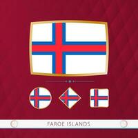 Set of Faroe Islands flags with gold frame for use at sporting events on a burgundy abstract background. vector