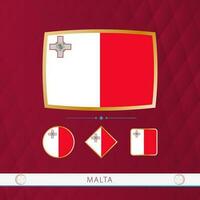 Set of Malta flags with gold frame for use at sporting events on a burgundy abstract background. vector