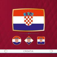 Set of Croatia flags with gold frame for use at sporting events on a burgundy abstract background. vector