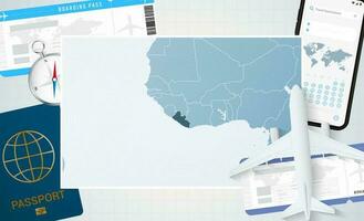 Journey to Liberia, illustration with a map of Liberia. Background with airplane, cell phone, passport, compass and tickets. vector