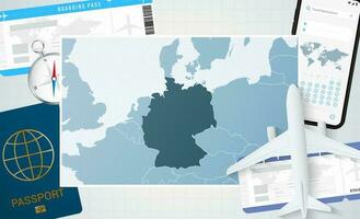 viaje a Alemania, ilustración con un mapa de Alemania. antecedentes con avión, célula teléfono, pasaporte, Brújula y Entradas. vector