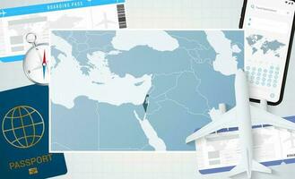 Journey to Israel, illustration with a map of Israel. Background with airplane, cell phone, passport, compass and tickets. vector