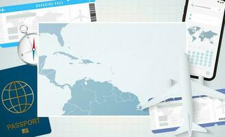 Journey to Saint Lucia, illustration with a map of Saint Lucia. Background with airplane, cell phone, passport, compass and tickets. vector