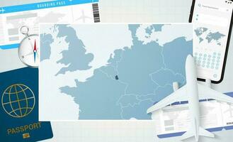 Journey to Luxembourg, illustration with a map of Luxembourg. Background with airplane, cell phone, passport, compass and tickets. vector