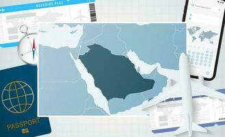 Journey to Saudi Arabia, illustration with a map of Saudi Arabia. Background with airplane, cell phone, passport, compass and tickets. vector