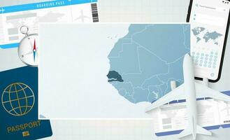 Journey to Senegal, illustration with a map of Senegal. Background with airplane, cell phone, passport, compass and tickets. vector