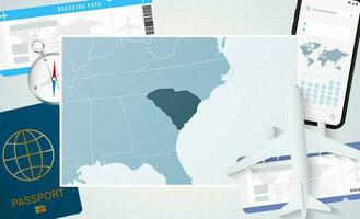 Journey to South Carolina, illustration with a map of South Carolina. Background with airplane, cell phone, passport, compass and tickets. vector