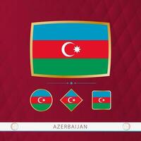 Set of Azerbaijan flags with gold frame for use at sporting events on a burgundy abstract background. vector