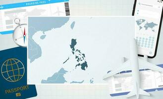 viaje a filipinas, ilustración con un mapa de filipinas antecedentes con avión, célula teléfono, pasaporte, Brújula y Entradas. vector