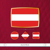 Set of Austria flags with gold frame for use at sporting events on a burgundy abstract background. vector