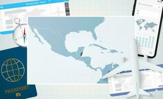 Journey to Belize, illustration with a map of Belize. Background with airplane, cell phone, passport, compass and tickets. vector