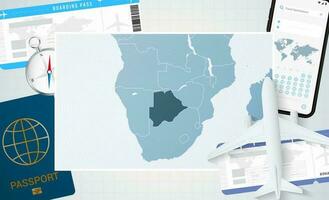 Journey to Botswana, illustration with a map of Botswana. Background with airplane, cell phone, passport, compass and tickets. vector