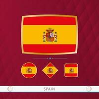 Set of Spain flags with gold frame for use at sporting events on a burgundy abstract background. vector