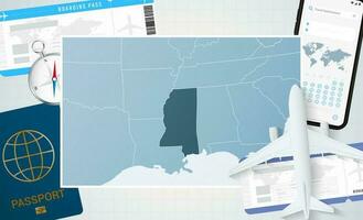 Journey to Mississippi, illustration with a map of Mississippi. Background with airplane, cell phone, passport, compass and tickets. vector