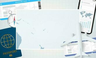 Journey to Tonga, illustration with a map of Tonga. Background with airplane, cell phone, passport, compass and tickets. vector