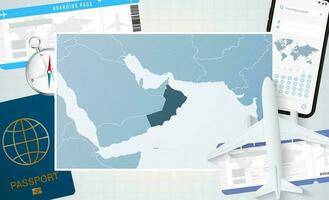 Journey to Oman, illustration with a map of Oman. Background with airplane, cell phone, passport, compass and tickets. vector