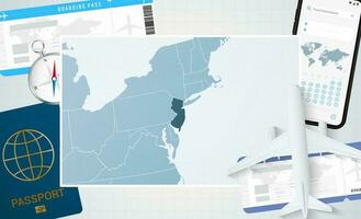 Journey to New Jersey, illustration with a map of New Jersey. Background with airplane, cell phone, passport, compass and tickets. vector