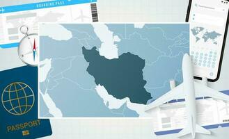 Journey to Iran, illustration with a map of Iran. Background with airplane, cell phone, passport, compass and tickets. vector