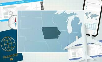 Journey to Iowa, illustration with a map of Iowa. Background with airplane, cell phone, passport, compass and tickets. vector