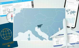 Journey to Slovenia, illustration with a map of Slovenia. Background with airplane, cell phone, passport, compass and tickets. vector