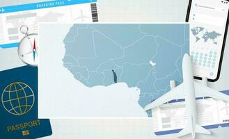 Journey to Togo, illustration with a map of Togo. Background with airplane, cell phone, passport, compass and tickets. vector