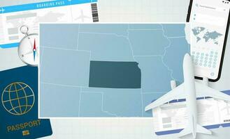 Journey to Kansas, illustration with a map of Kansas. Background with airplane, cell phone, passport, compass and tickets. vector