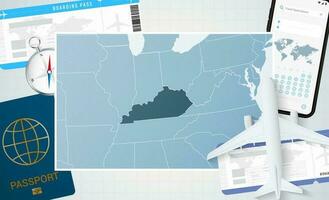 Journey to Kentucky, illustration with a map of Kentucky. Background with airplane, cell phone, passport, compass and tickets. vector