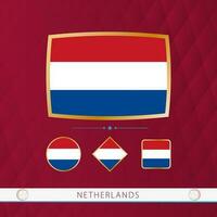 Set of Netherlands flags with gold frame for use at sporting events on a burgundy abstract background. vector