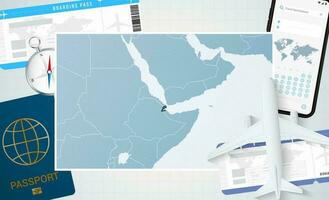 Journey to Djibouti, illustration with a map of Djibouti. Background with airplane, cell phone, passport, compass and tickets. vector