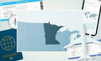 Journey to Minnesota, illustration with a map of Minnesota. Background with airplane, cell phone, passport, compass and tickets. vector