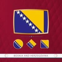 Set of Bosnia and Herzegovina flags with gold frame for use at sporting events on a burgundy abstract background. vector