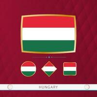 Set of Hungary flags with gold frame for use at sporting events on a burgundy abstract background. vector