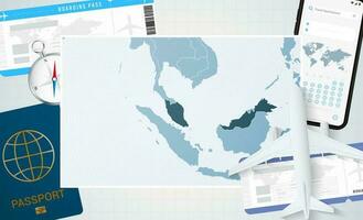 Journey to Malaysia, illustration with a map of Malaysia. Background with airplane, cell phone, passport, compass and tickets. vector