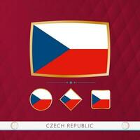 Set of Czech Republic flags with gold frame for use at sporting events on a burgundy abstract background. vector